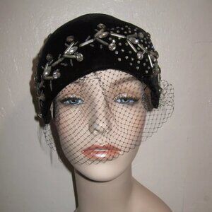Vintage Black Velvet Juilette Cap Hat Rhinestones Bullock's Wilshire Whimsey